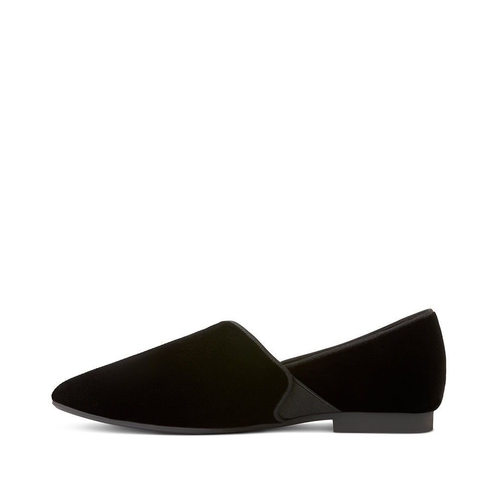 Luvons luxury loafer slippers in black velvet - left side view