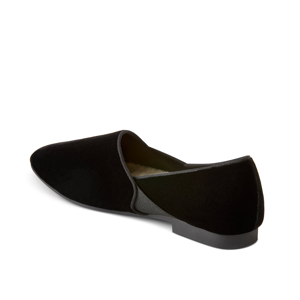 Luvons luxury loafer slippers in black velvet - left angle view