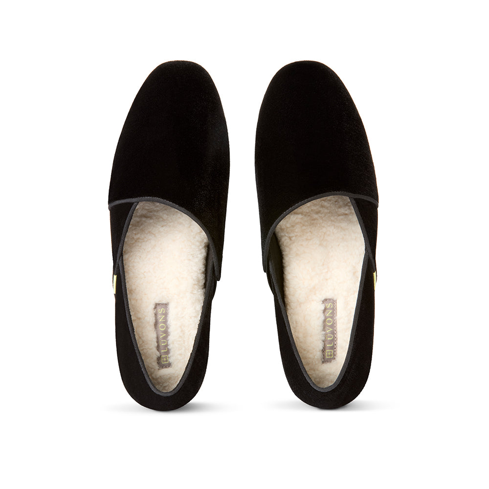 Luvons luxury loafer slippers in black velvet - top pair view