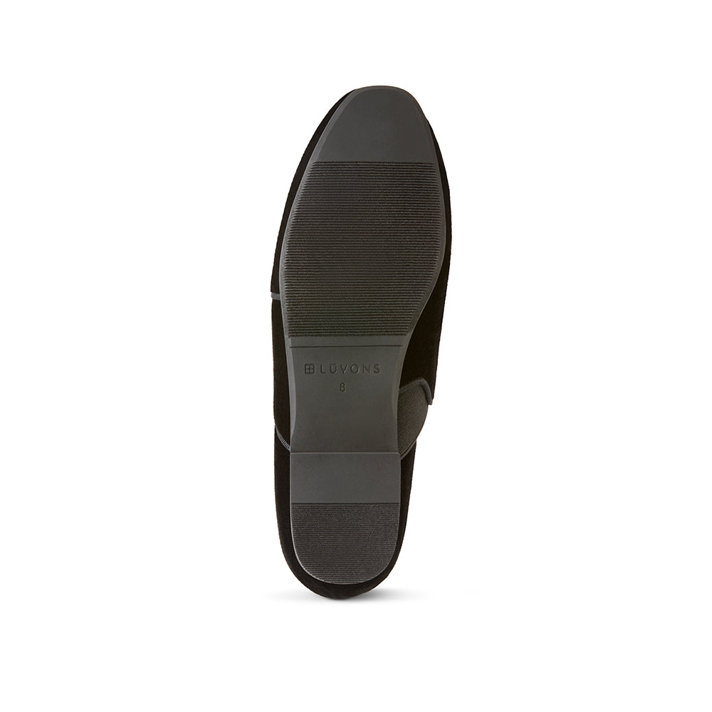 Luvons luxury loafer slippers in black velvet - rubber soles