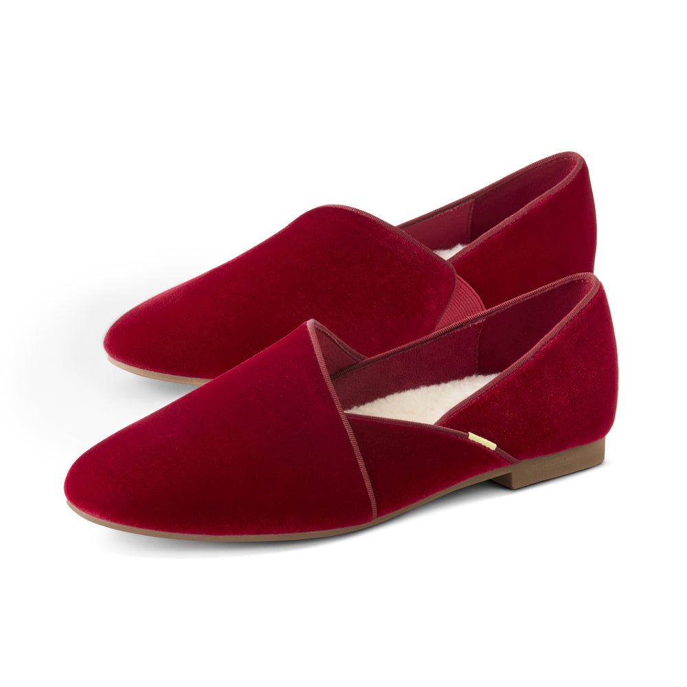 Luvons luxury loafer slippers in ruby velvet - side pair view