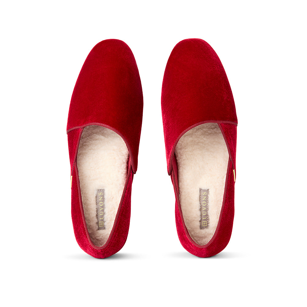 Top view of Luvons Francesca luxury loafers in Ruby Red featuring plush faux-shearling lining and cushioned Ortholite insoles for superior comfort and support.