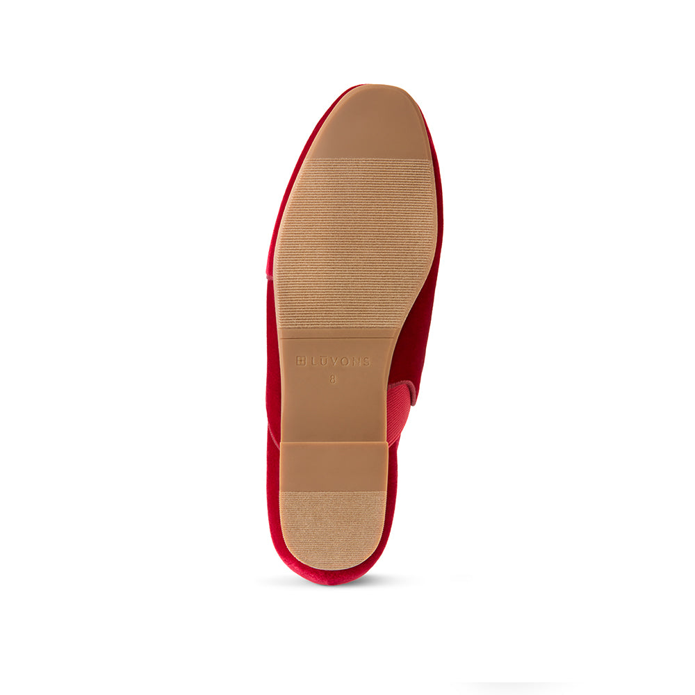 Bottom view of Luvons Francesca luxury loafer in Ruby Red showing durable anti-slip rubber sole designed for indoor and outdoor wear.