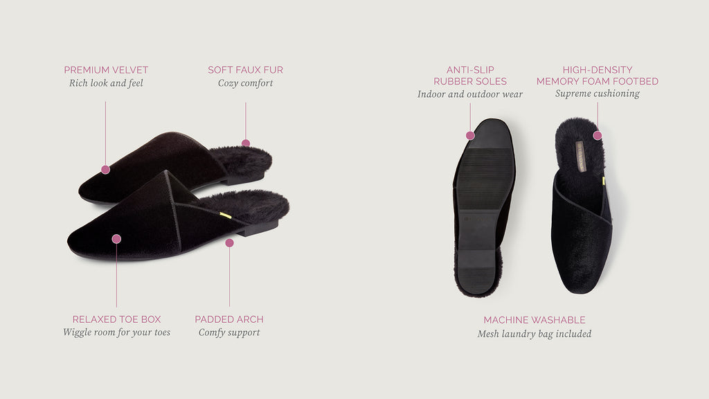 Infographic of Luvons luxury slippers for women in black velvet 