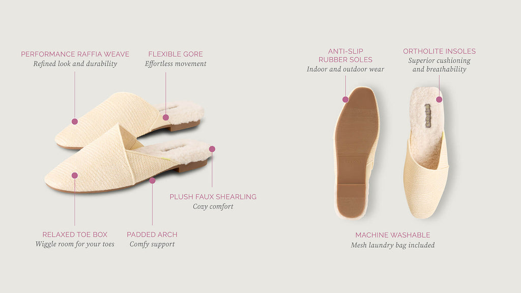 Luvons luxury slippers for women in raffia cream, infographic