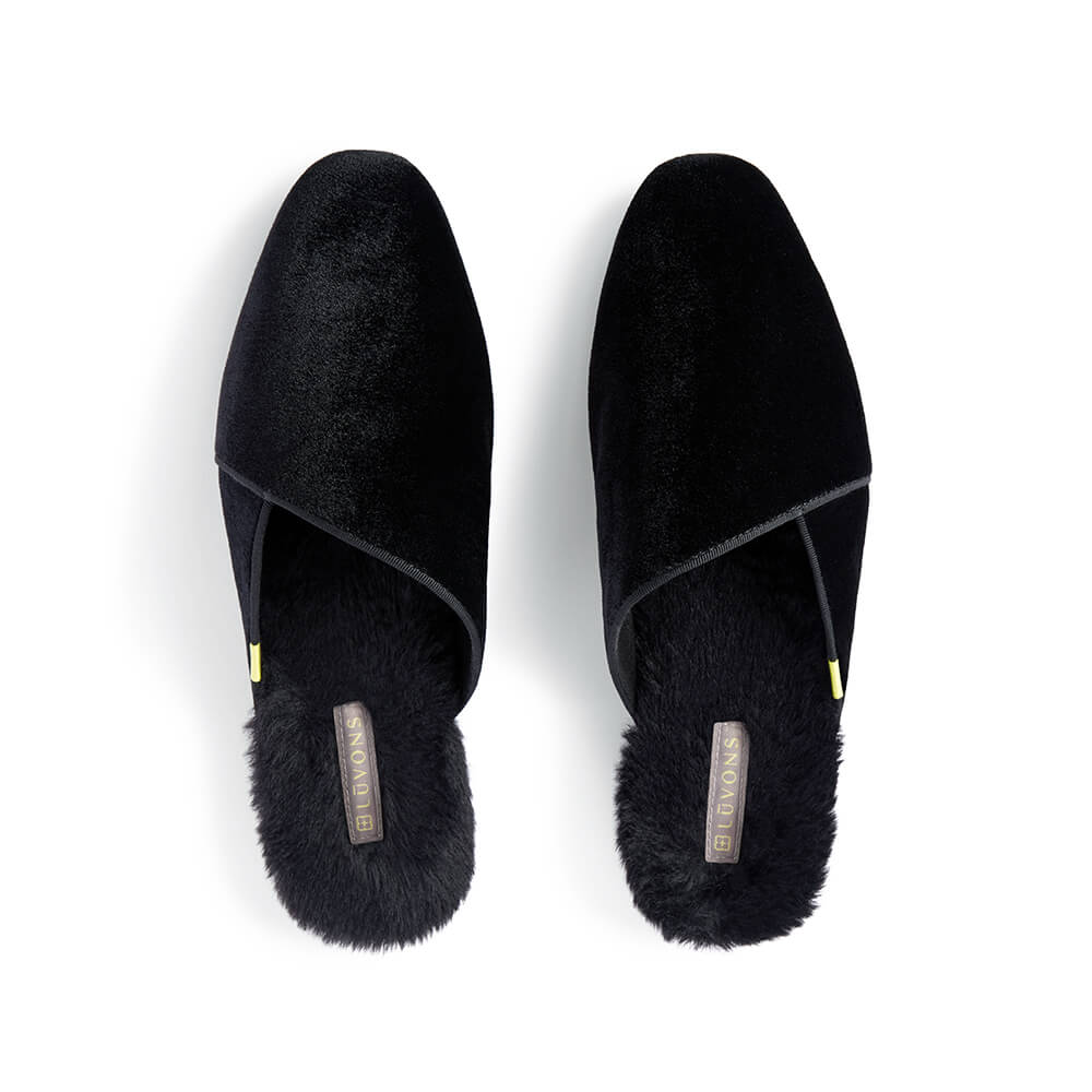 Luvons luxury slippers in black - view of pair from above