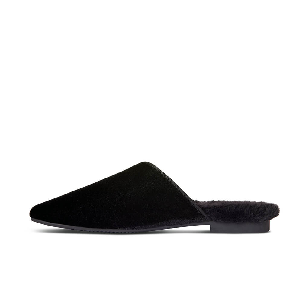Luvons luxury slippers in black - right shoe interior view