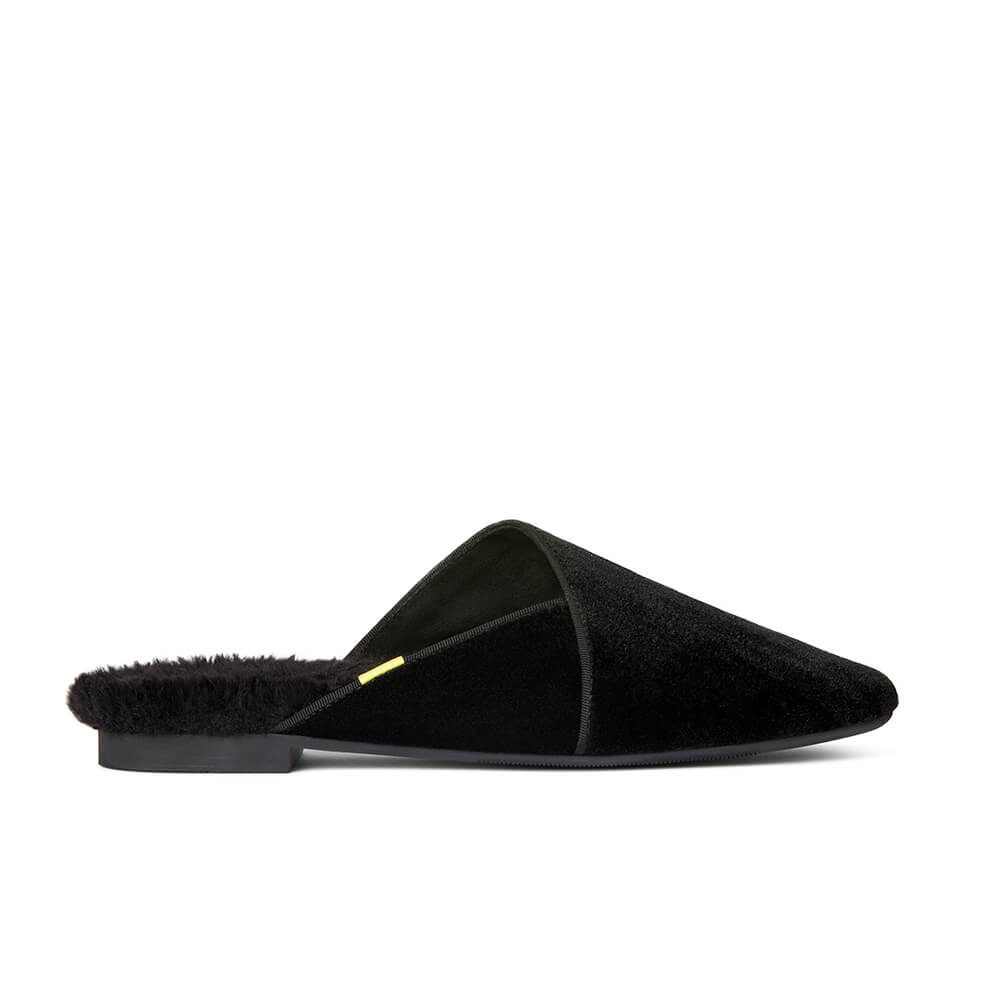 Luvons luxury slippers in black - right shoe side view
