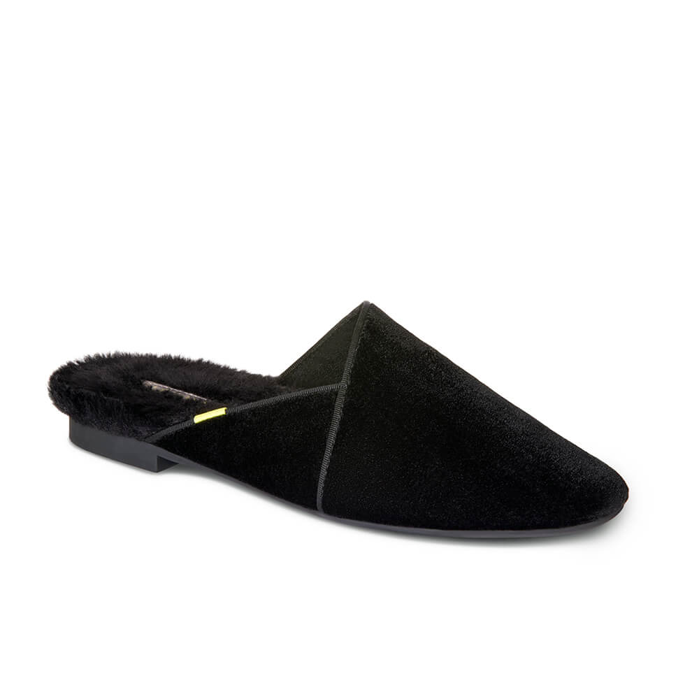 Luvons luxury slippers in black - right shoe angled view