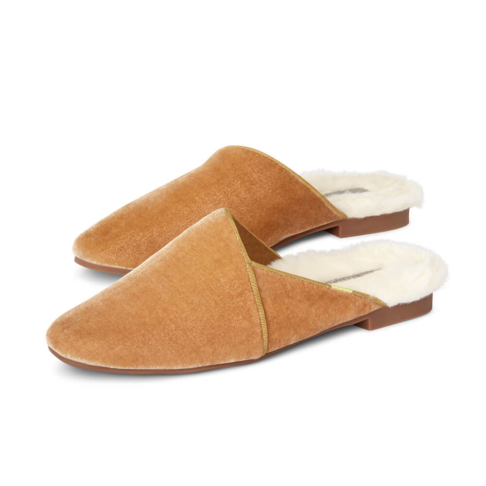 Luvons luxury slippers in Camel - pair angled view