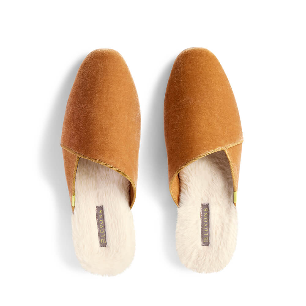 Luvons luxury slippers in Camel - view of pair from above